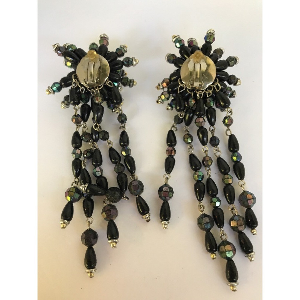 Earrings‎ 1980 waterfall cluster beads clip on extra long Green blue silver tone